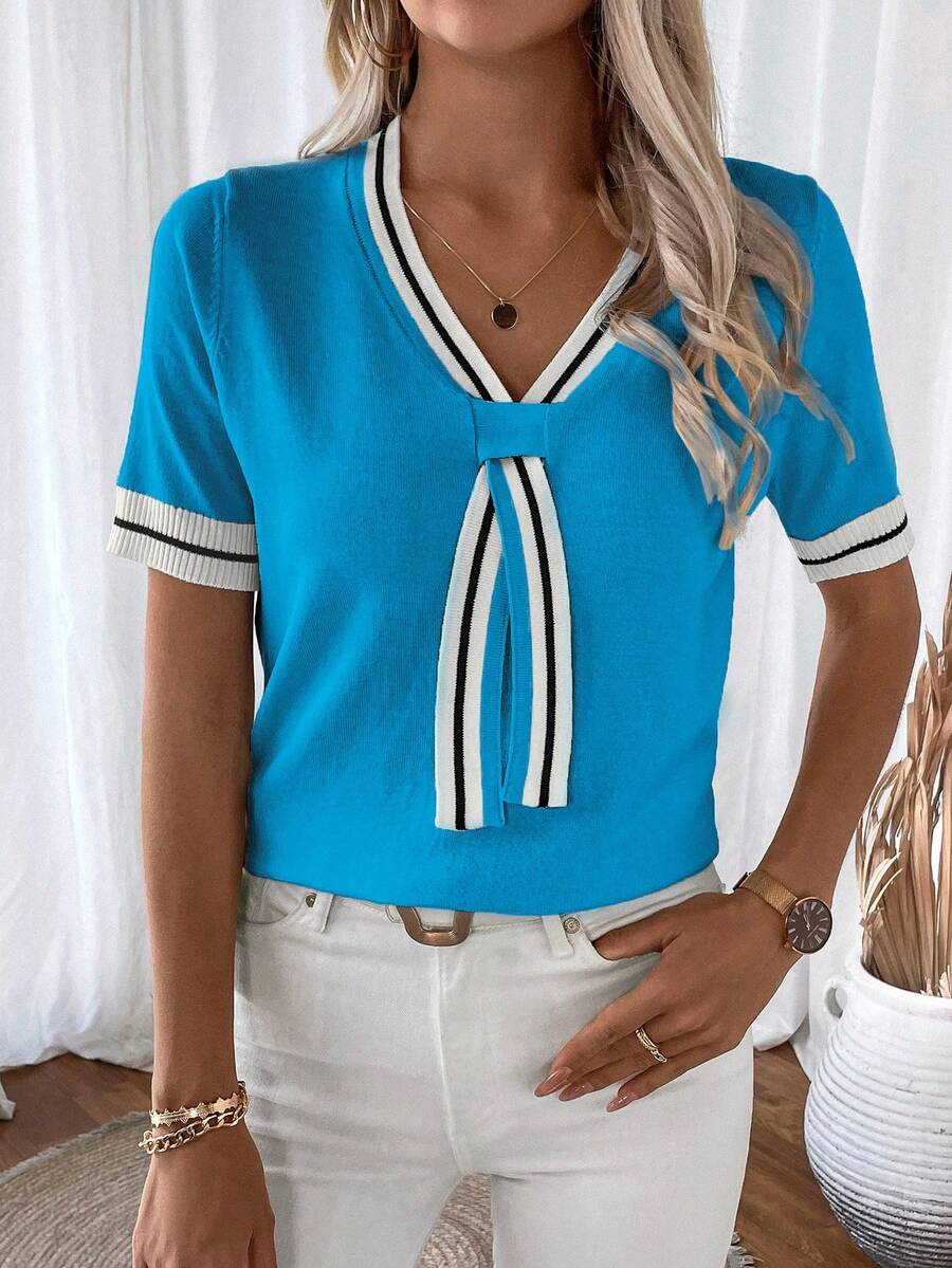 Madelyn | Tie-Neck V-Neck Knit Top with Contrast Trim, Everyday Short Sleeve Sweater