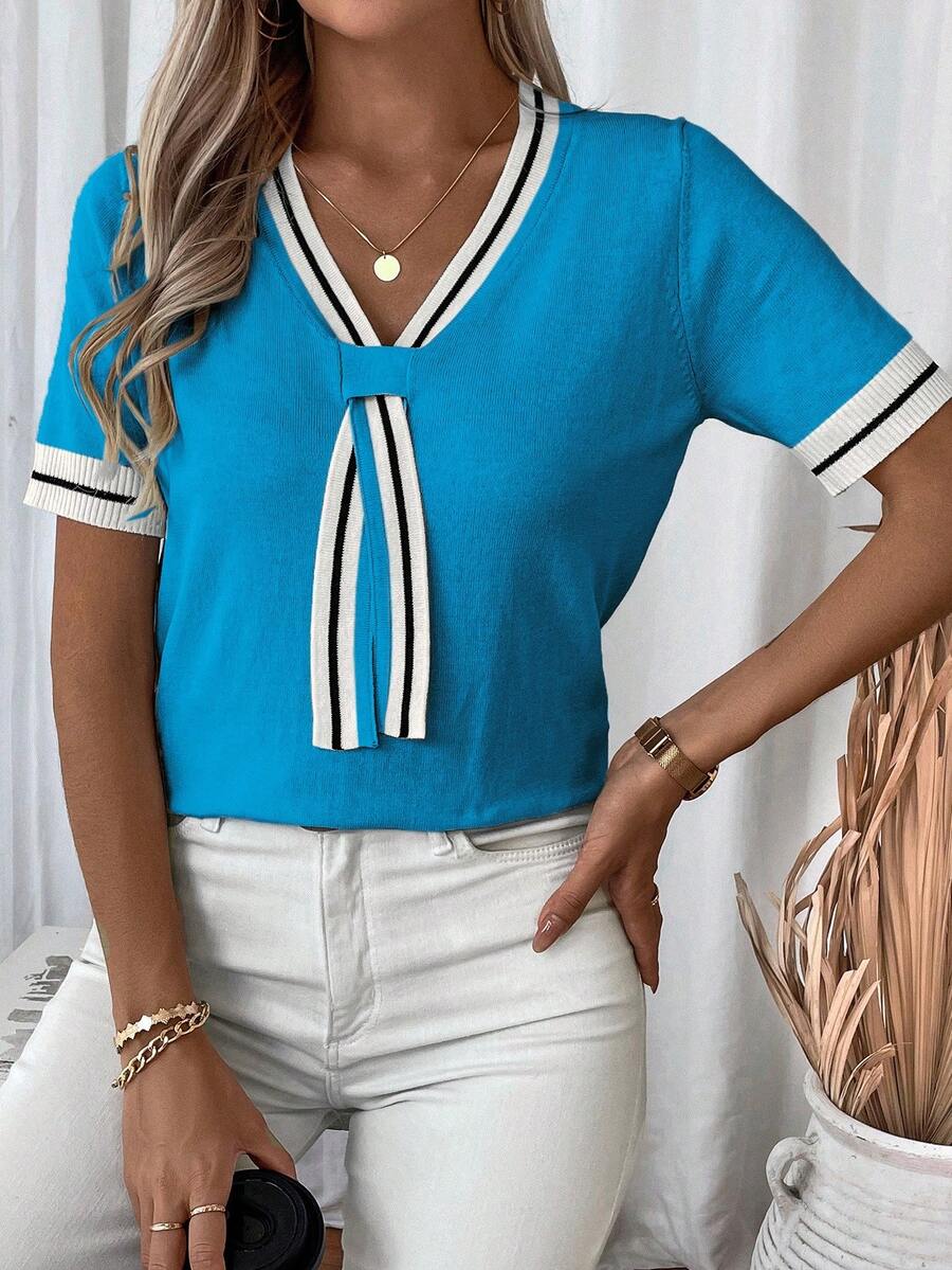 Madelyn | Tie-Neck V-Neck Knit Top with Contrast Trim, Everyday Short Sleeve Sweater