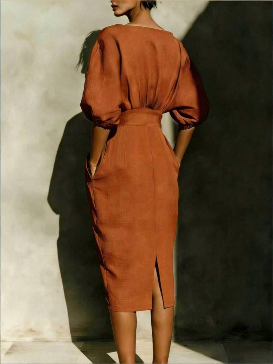 Vionne | Balloon Sleeve Boat Neck Pencil Midi Dress