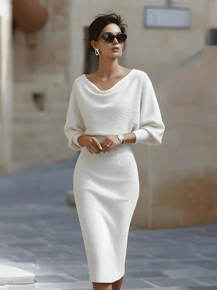 Noelle | Ribbed Knit Batwing Sleeve Midi Dress
