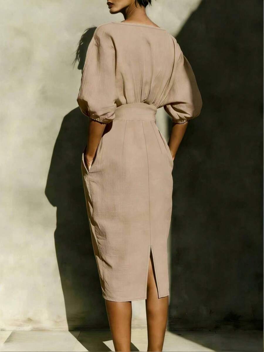 Vionne | Balloon Sleeve Boat Neck Pencil Midi Dress