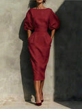 Vionne | Balloon Sleeve Boat Neck Pencil Midi Dress