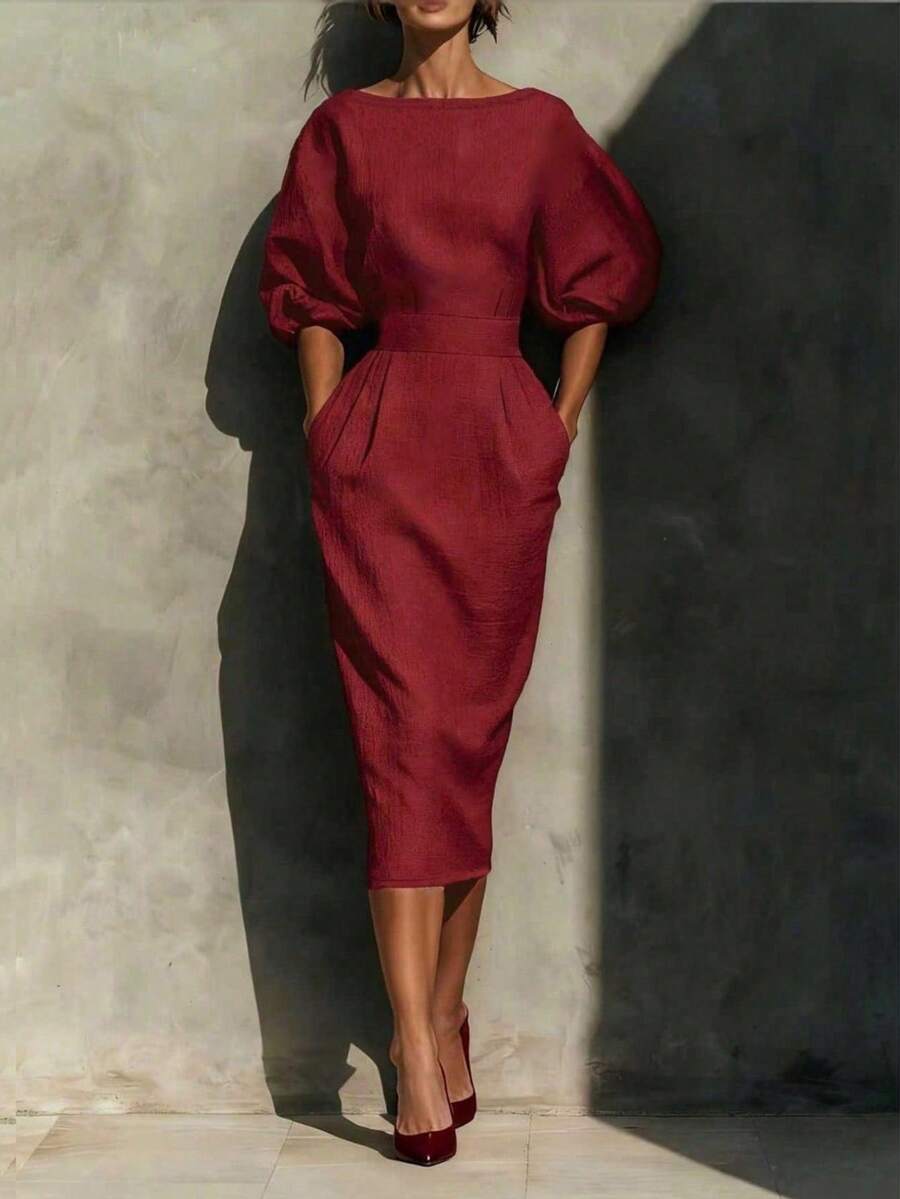 Vionne | Balloon Sleeve Boat Neck Pencil Midi Dress