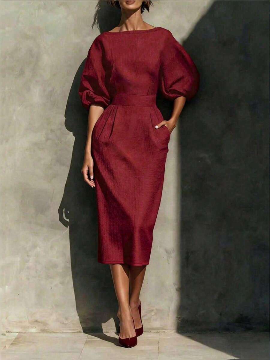 Vionne | Balloon Sleeve Boat Neck Pencil Midi Dress