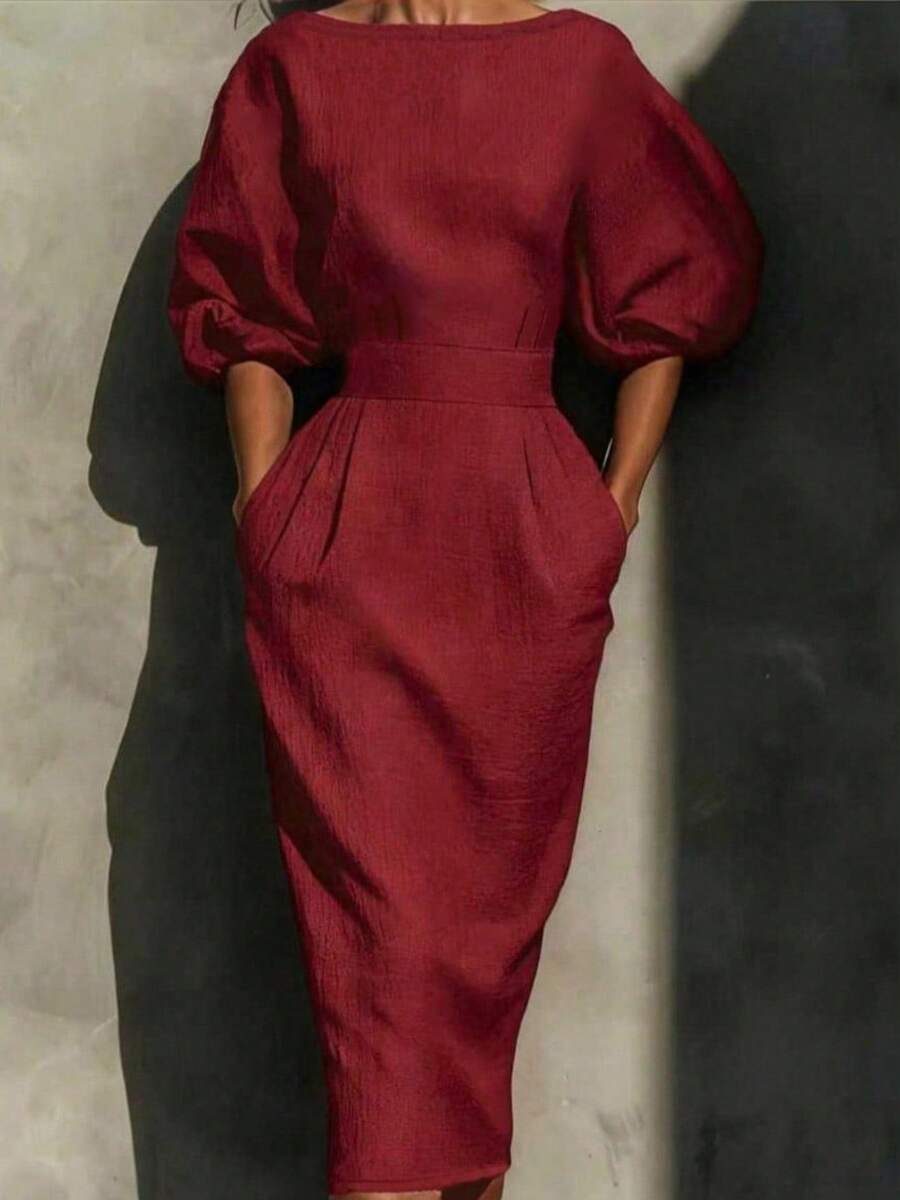 Vionne | Balloon Sleeve Boat Neck Pencil Midi Dress