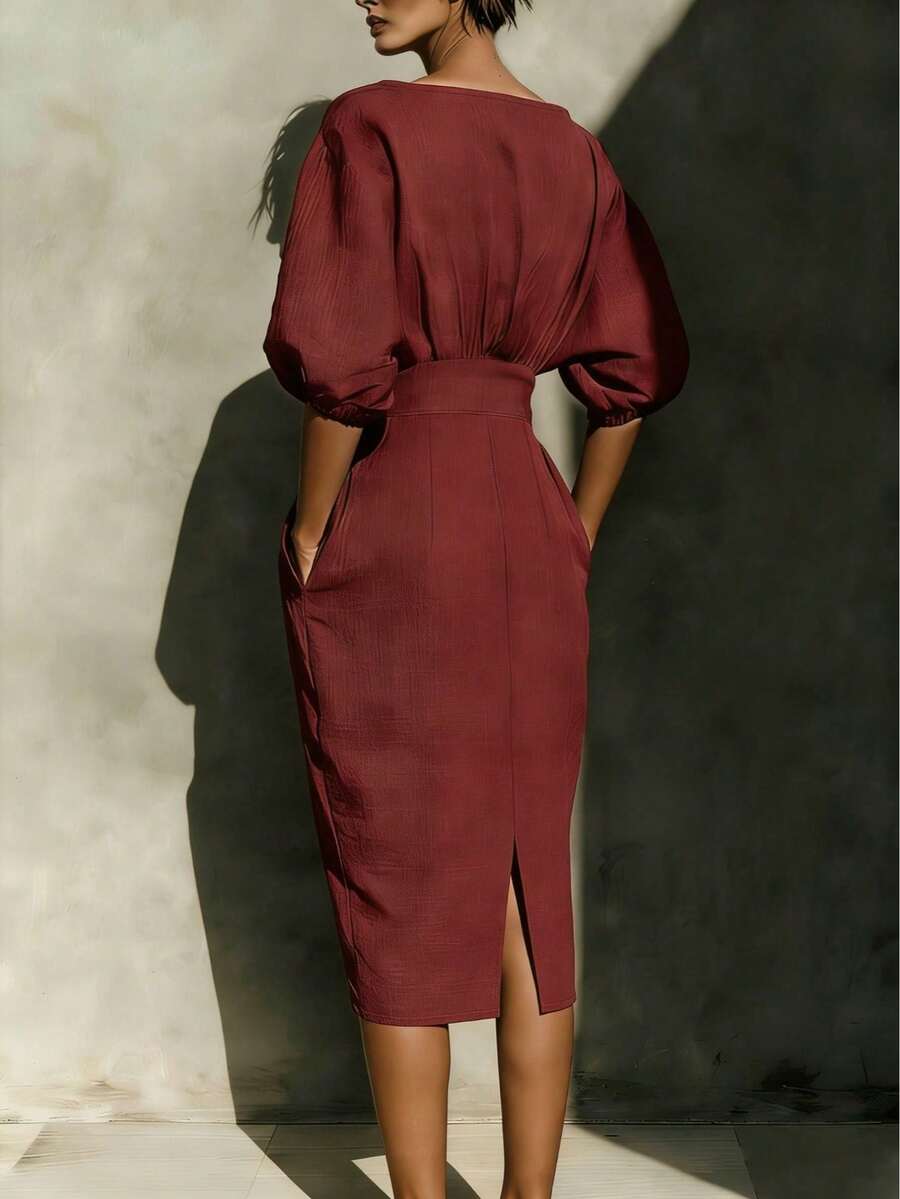 Vionne | Balloon Sleeve Boat Neck Pencil Midi Dress