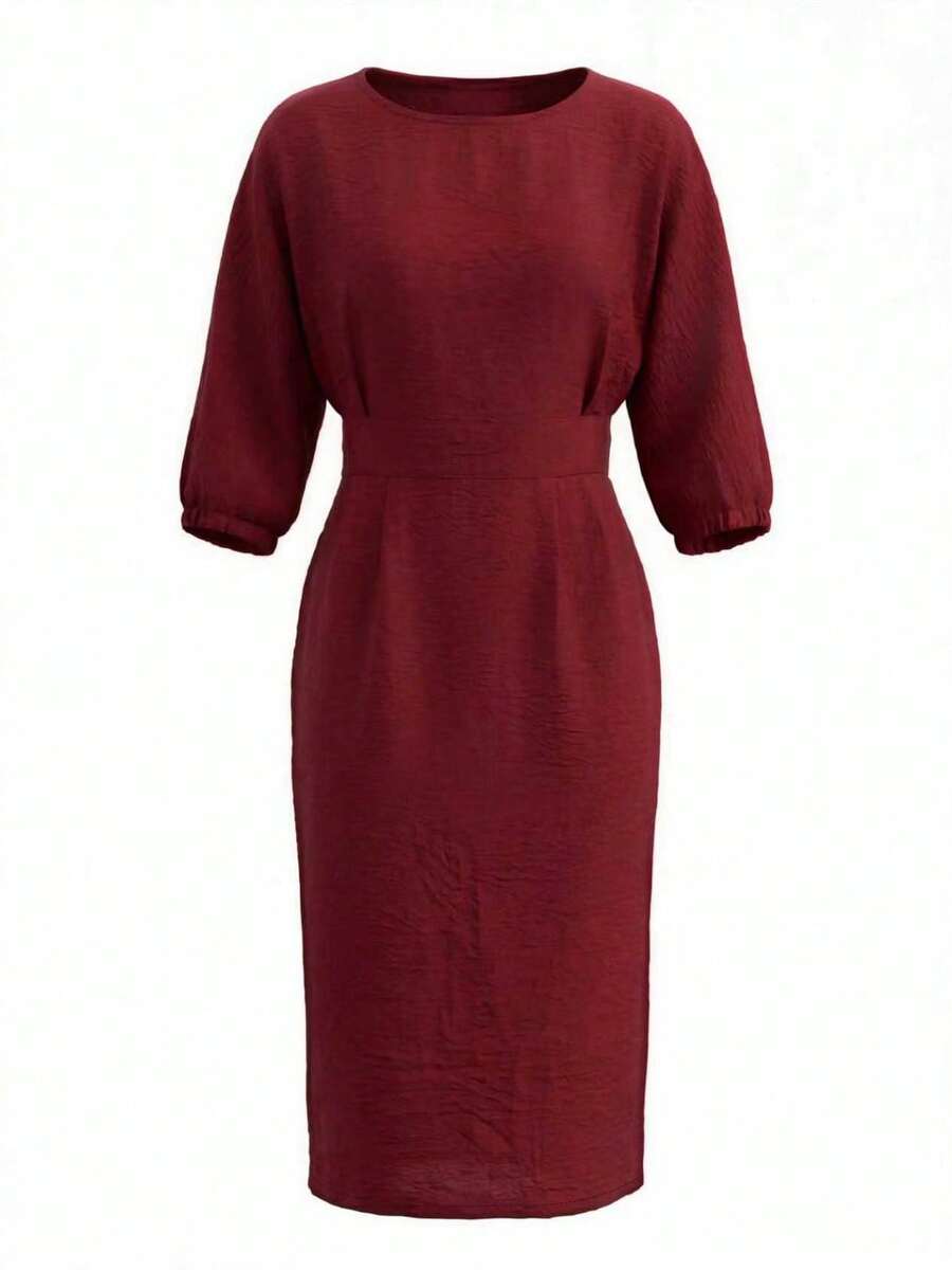 Vionne | Balloon Sleeve Boat Neck Pencil Midi Dress