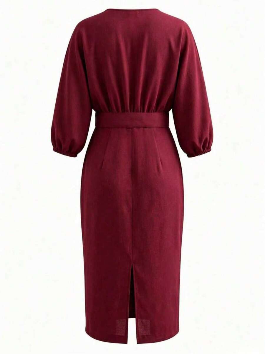 Vionne | Balloon Sleeve Boat Neck Pencil Midi Dress