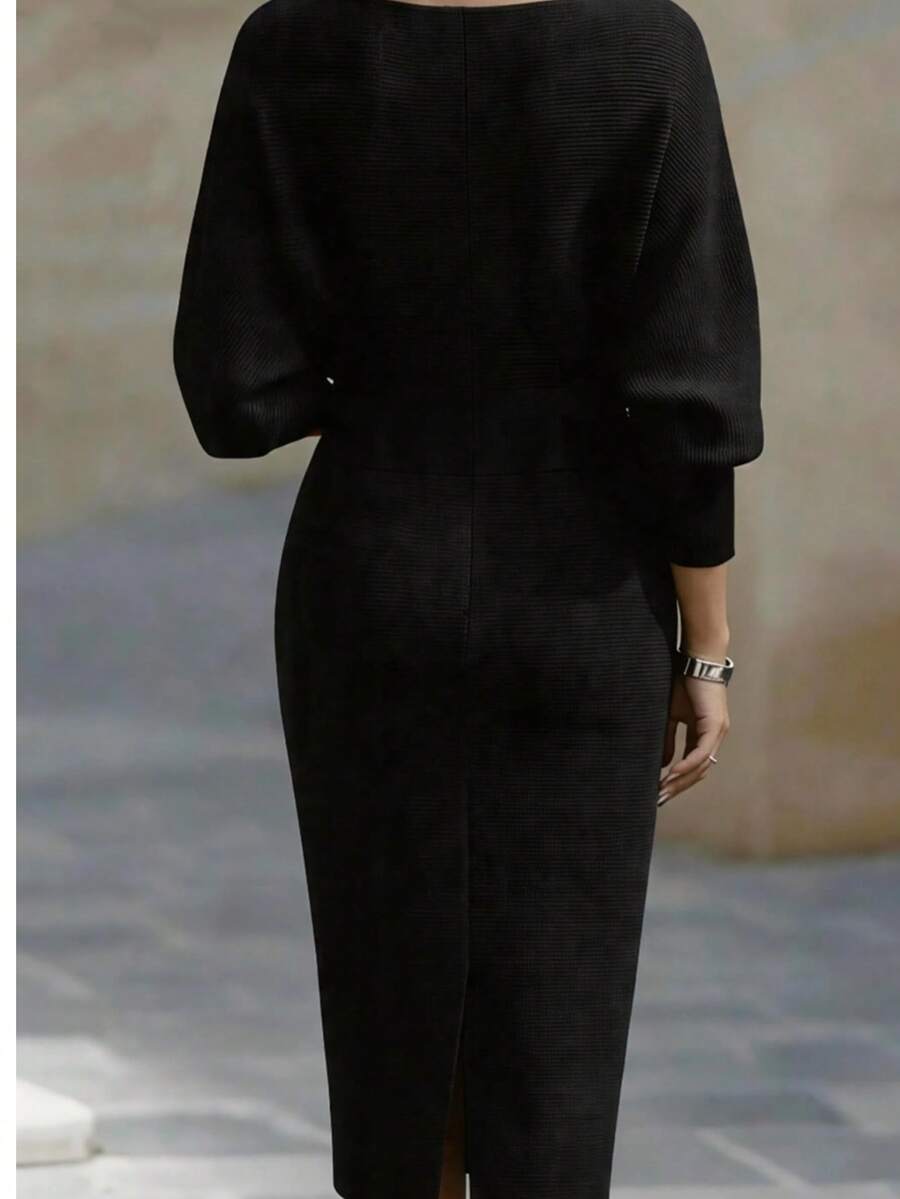 Noelle | Ribbed Knit Batwing Sleeve Midi Dress