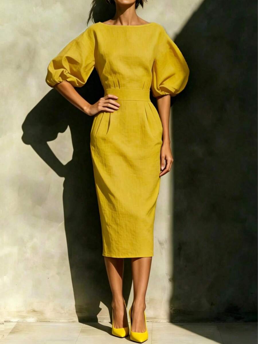 Vionne | Balloon Sleeve Boat Neck Pencil Midi Dress