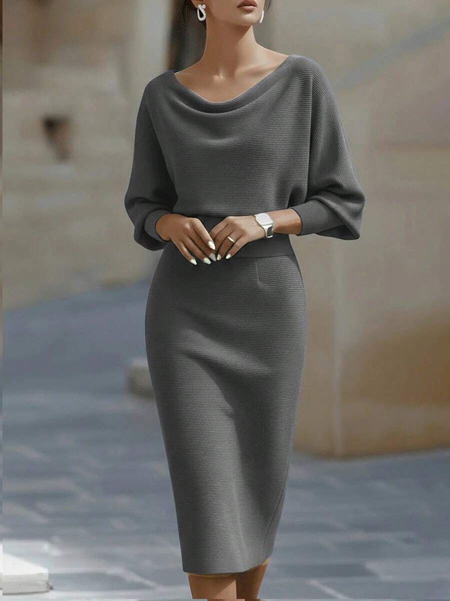 Noelle | Ribbed Knit Batwing Sleeve Midi Dress