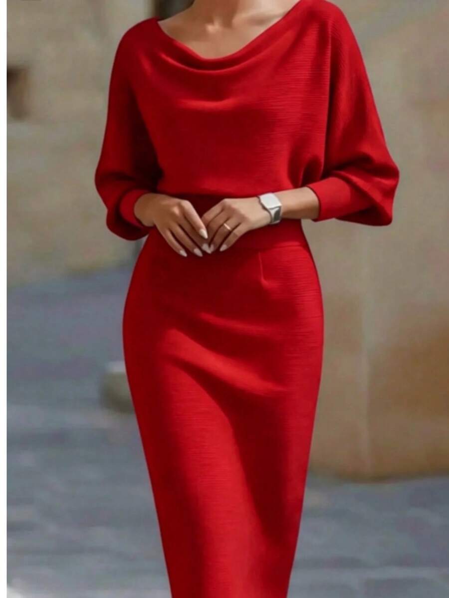 Noelle | Ribbed Knit Batwing Sleeve Midi Dress