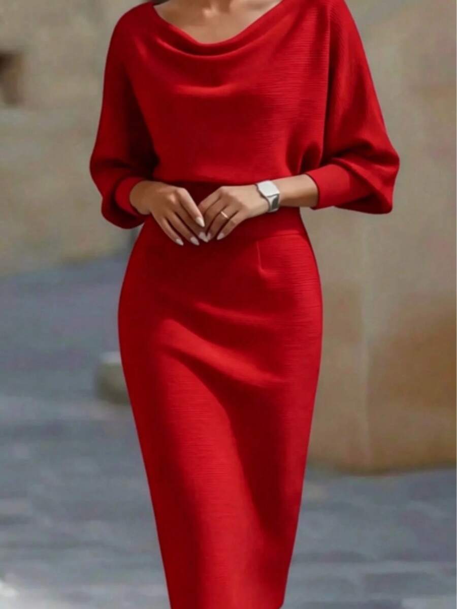 Noelle | Ribbed Knit Batwing Sleeve Midi Dress