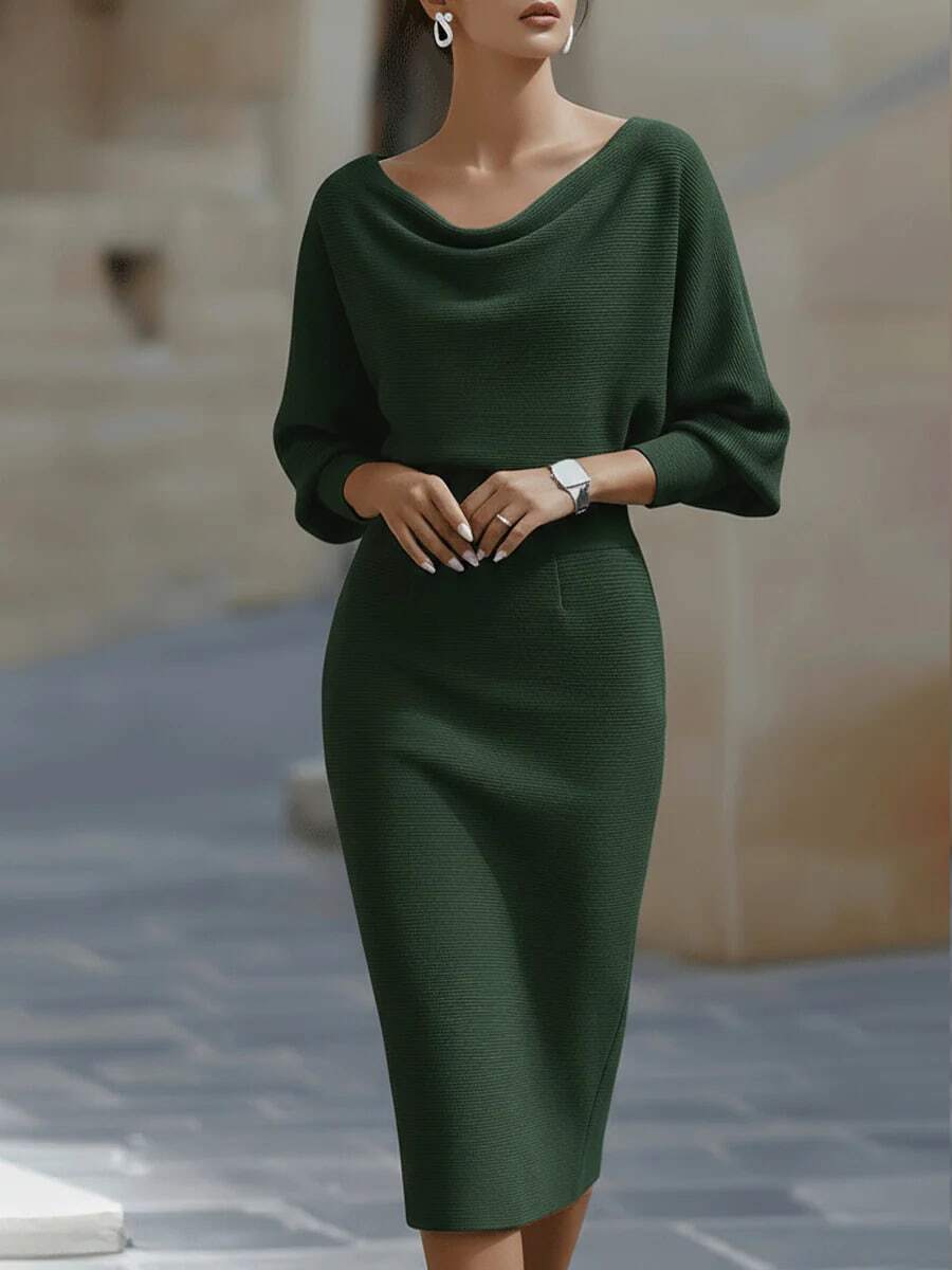 Noelle | Ribbed Knit Batwing Sleeve Midi Dress