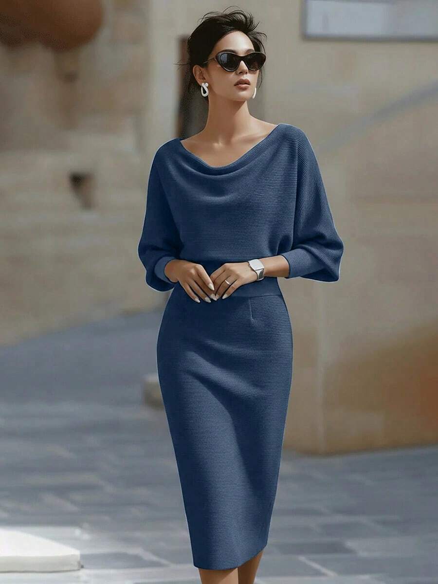 Noelle | Ribbed Knit Batwing Sleeve Midi Dress