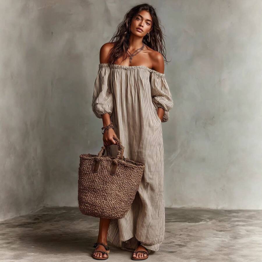 Sienna | Striped Off-Shoulder Puff Sleeve Midi Dress