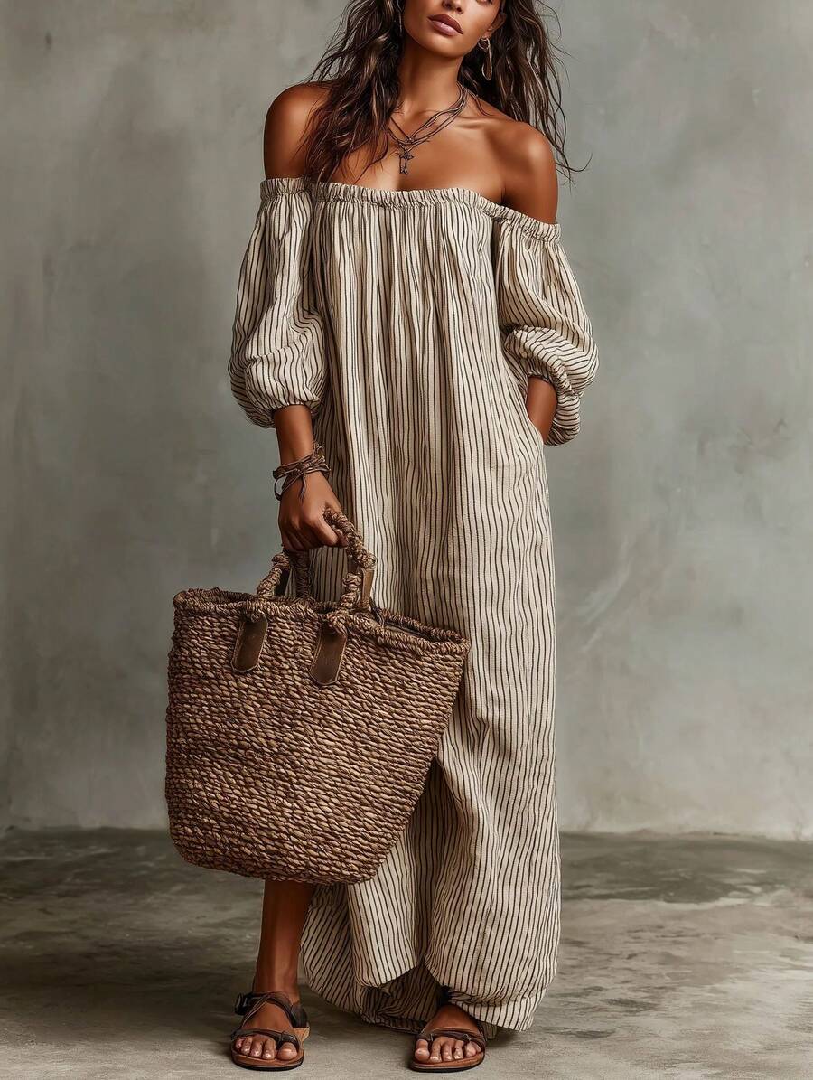 Sienna | Striped Off-Shoulder Puff Sleeve Midi Dress
