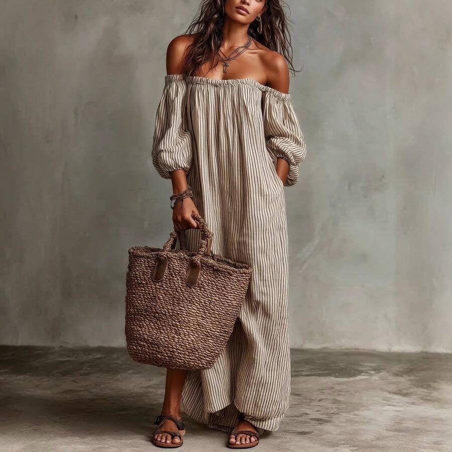 Sienna | Striped Off-Shoulder Puff Sleeve Midi Dress