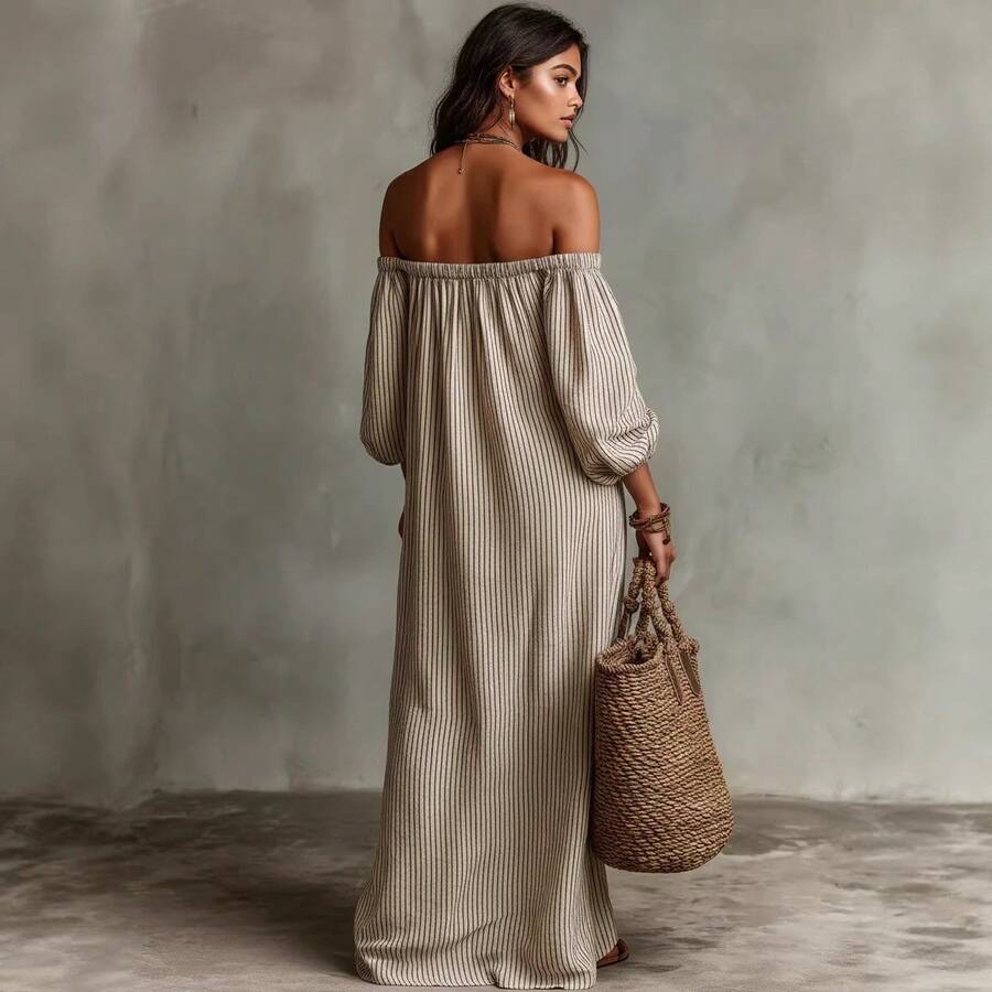 Sienna | Striped Off-Shoulder Puff Sleeve Midi Dress