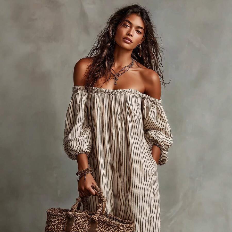Sienna | Striped Off-Shoulder Puff Sleeve Midi Dress