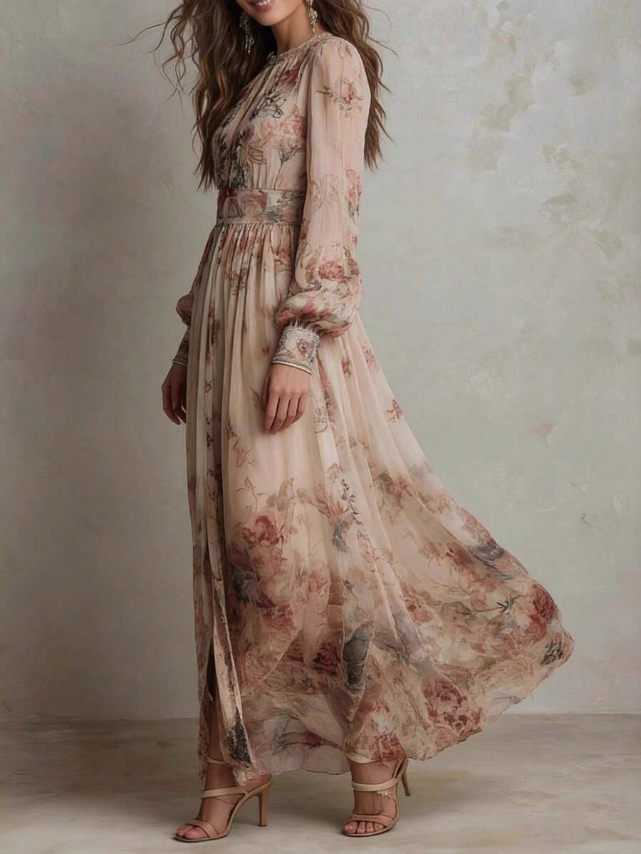 Delphine | Floral A-Line Maxi Dress with Flare Sleeves