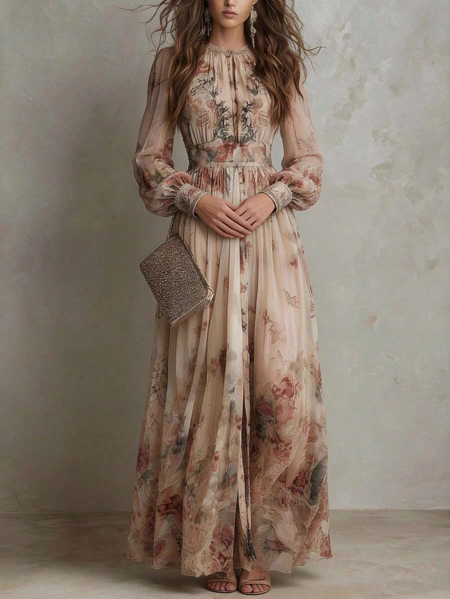 Delphine | Floral A-Line Maxi Dress with Flare Sleeves