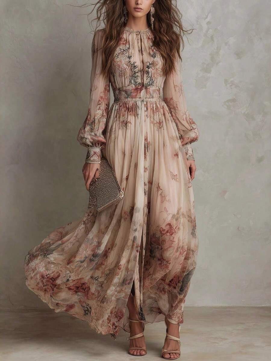 Delphine | Floral A-Line Maxi Dress with Flare Sleeves