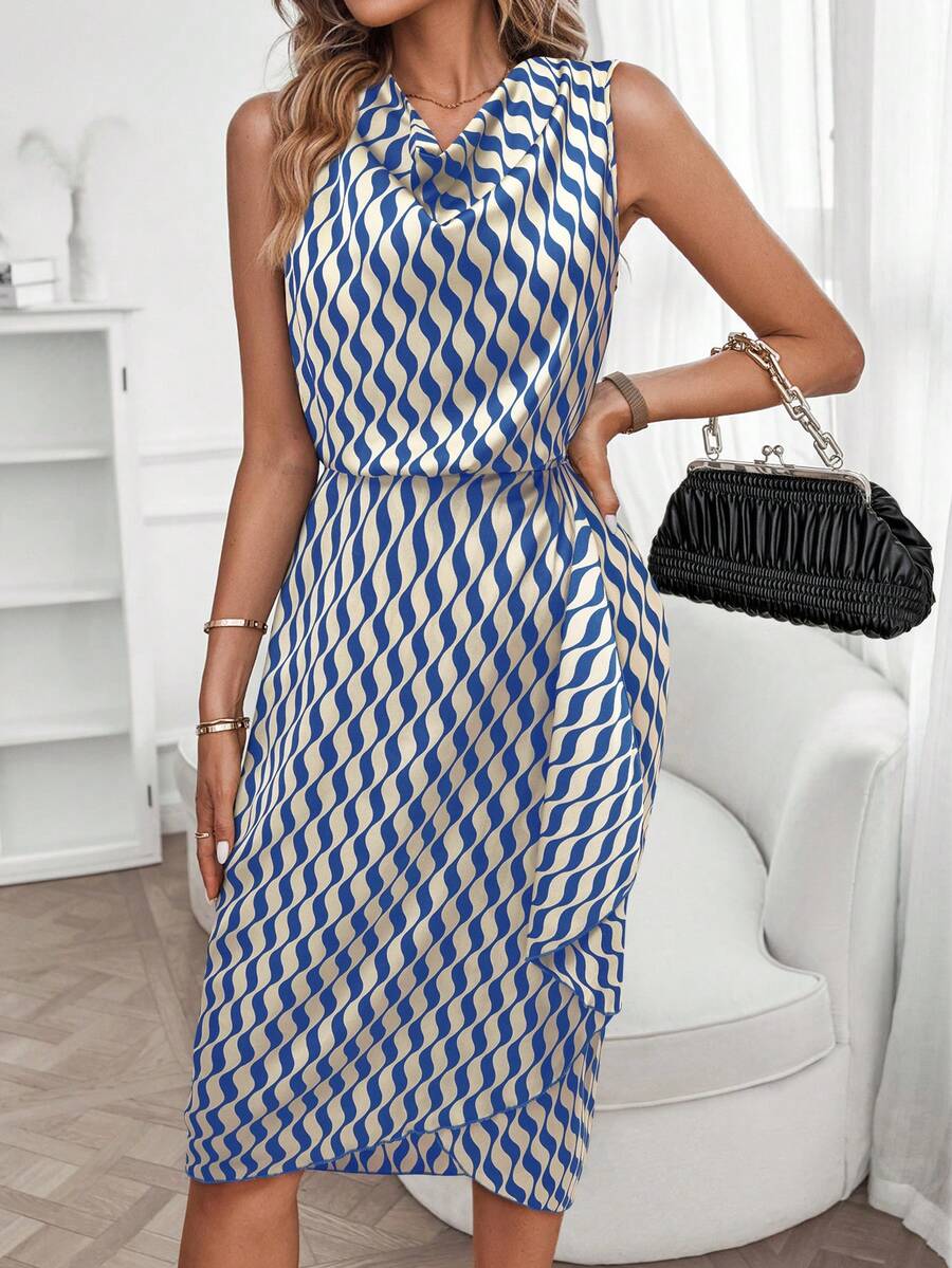 Camryn | Geometric Print Cowl Neck Asymmetric Hem Dress