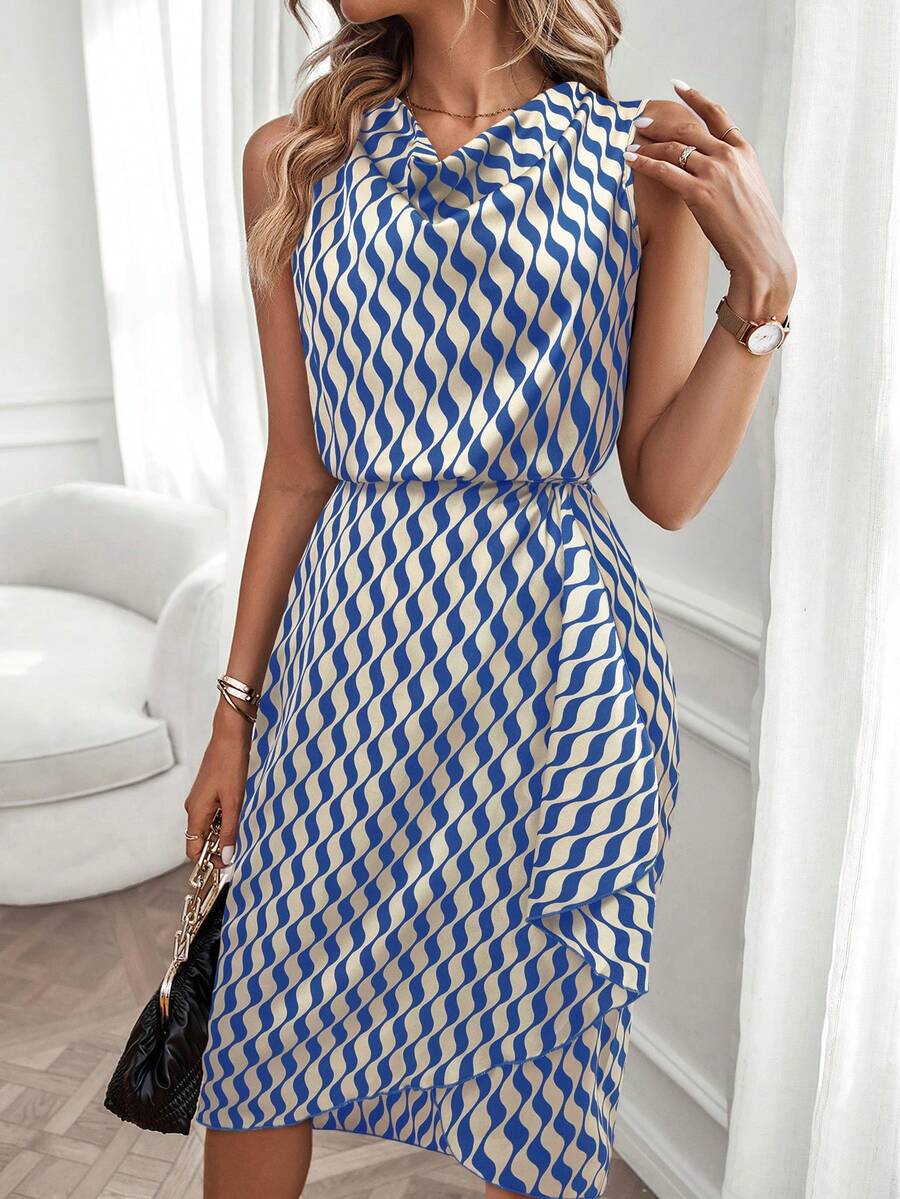 Camryn | Geometric Print Cowl Neck Asymmetric Hem Dress
