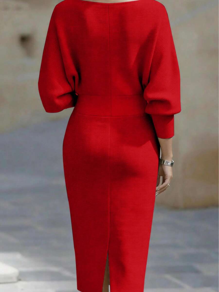Noelle | Ribbed Knit Batwing Sleeve Midi Dress