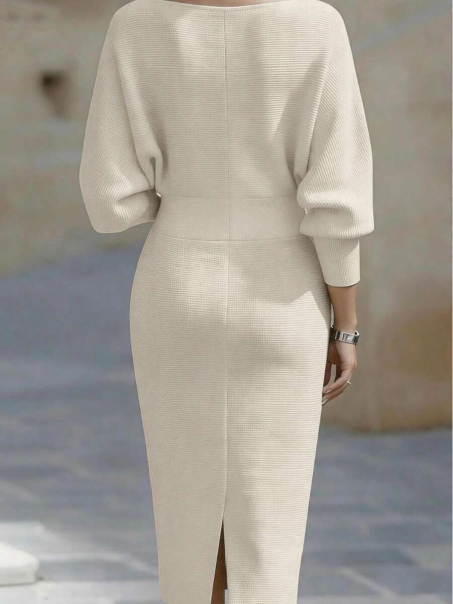 Noelle | Ribbed Knit Batwing Sleeve Midi Dress