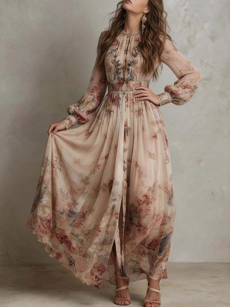 Delphine | Floral A-Line Maxi Dress with Flare Sleeves