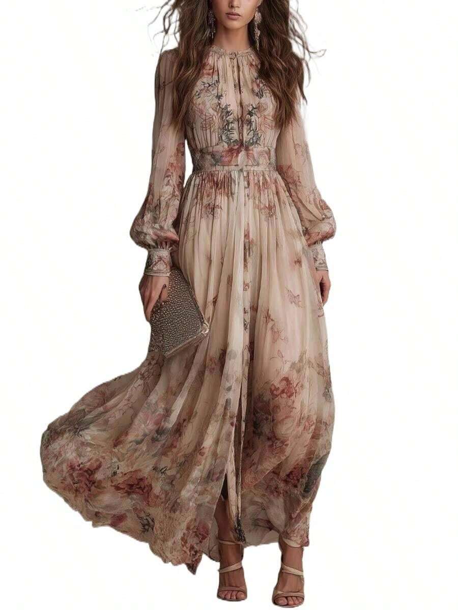 Delphine | Floral A-Line Maxi Dress with Flare Sleeves