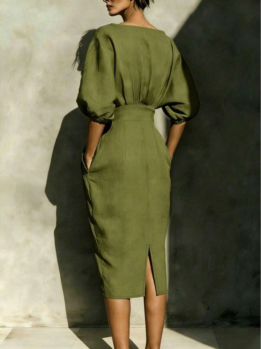 Vionne | Balloon Sleeve Boat Neck Pencil Midi Dress