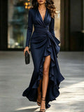 Vivian | Satin V-Neck Ruched Maxi Dress with High Slit