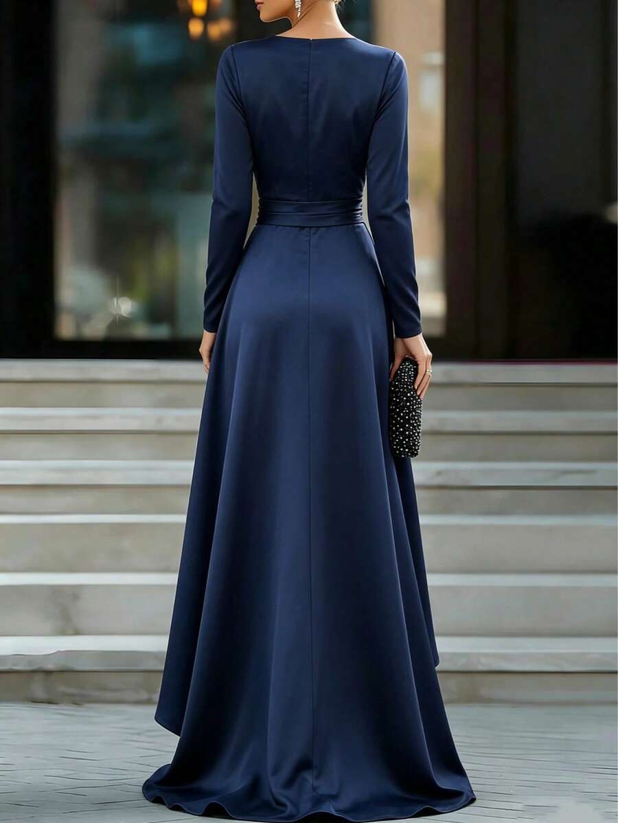 Vivian | Satin V-Neck Ruched Maxi Dress with High Slit