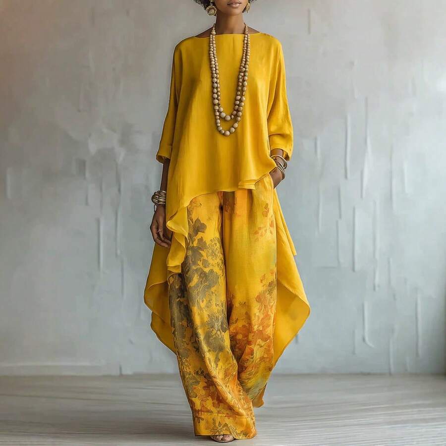 Willa | Off-Shoulder Top and Printed Wide-Leg Pants Set