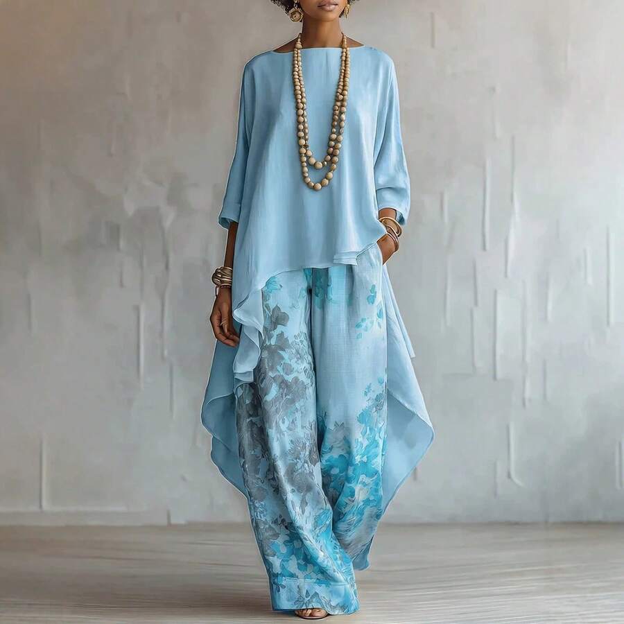 Willa | Off-Shoulder Top and Printed Wide-Leg Pants Set