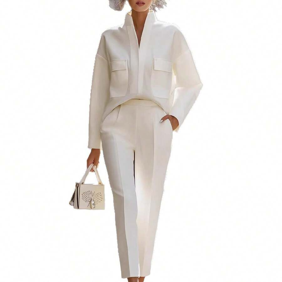 Priya | Satin Stand Collar Shirt and Cropped Pants Set