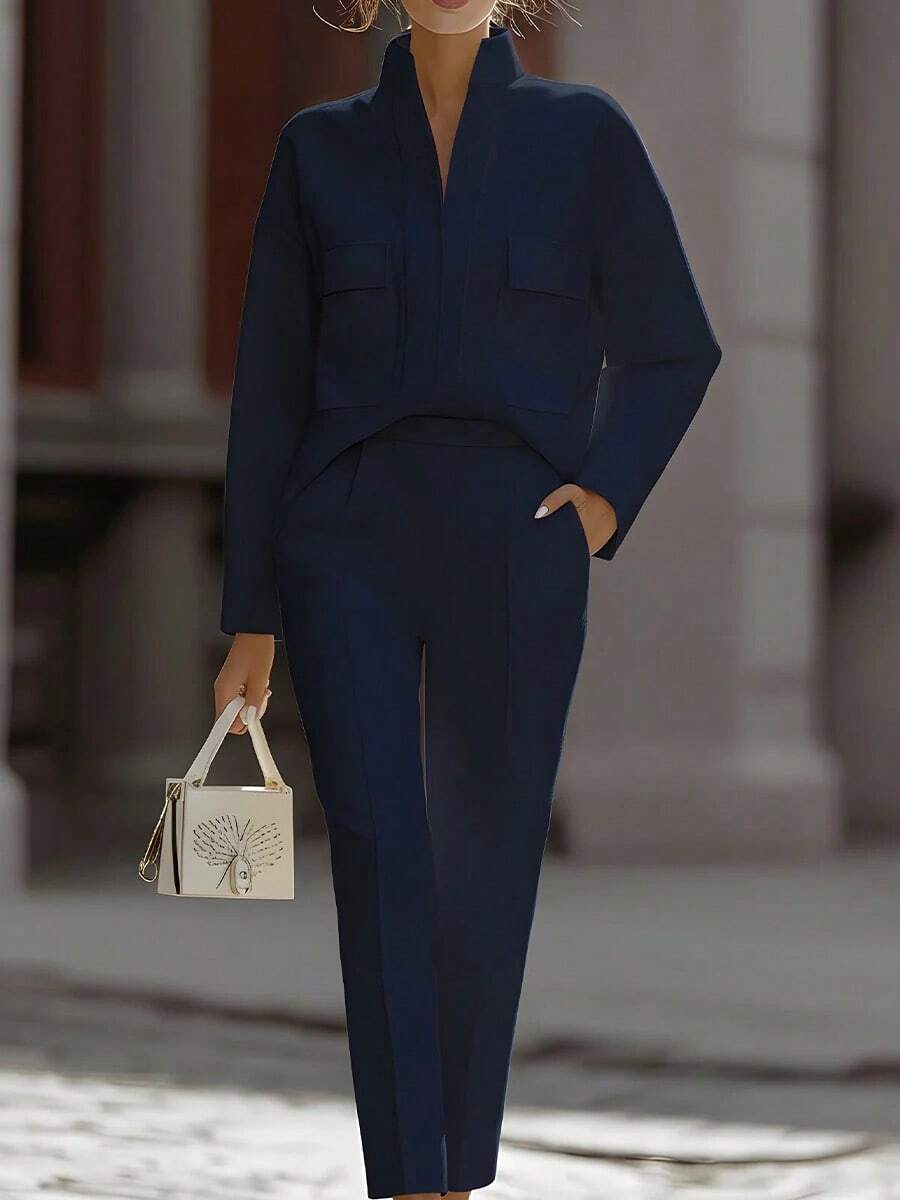 Priya | Satin Stand Collar Shirt and Cropped Pants Set
