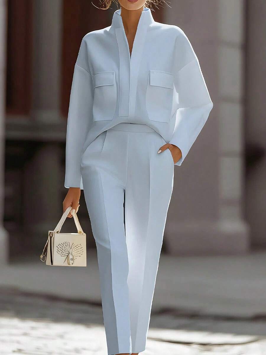 Priya | Satin Stand Collar Shirt and Cropped Pants Set
