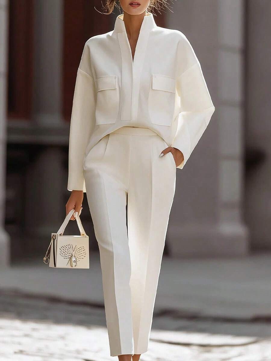 Priya | Satin Stand Collar Shirt and Cropped Pants Set