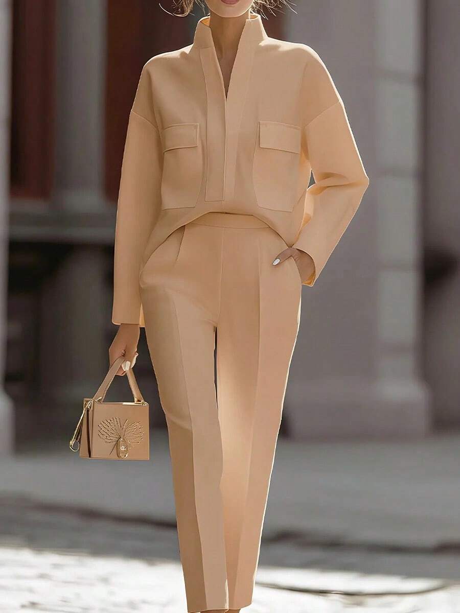 Priya | Satin Stand Collar Shirt and Cropped Pants Set