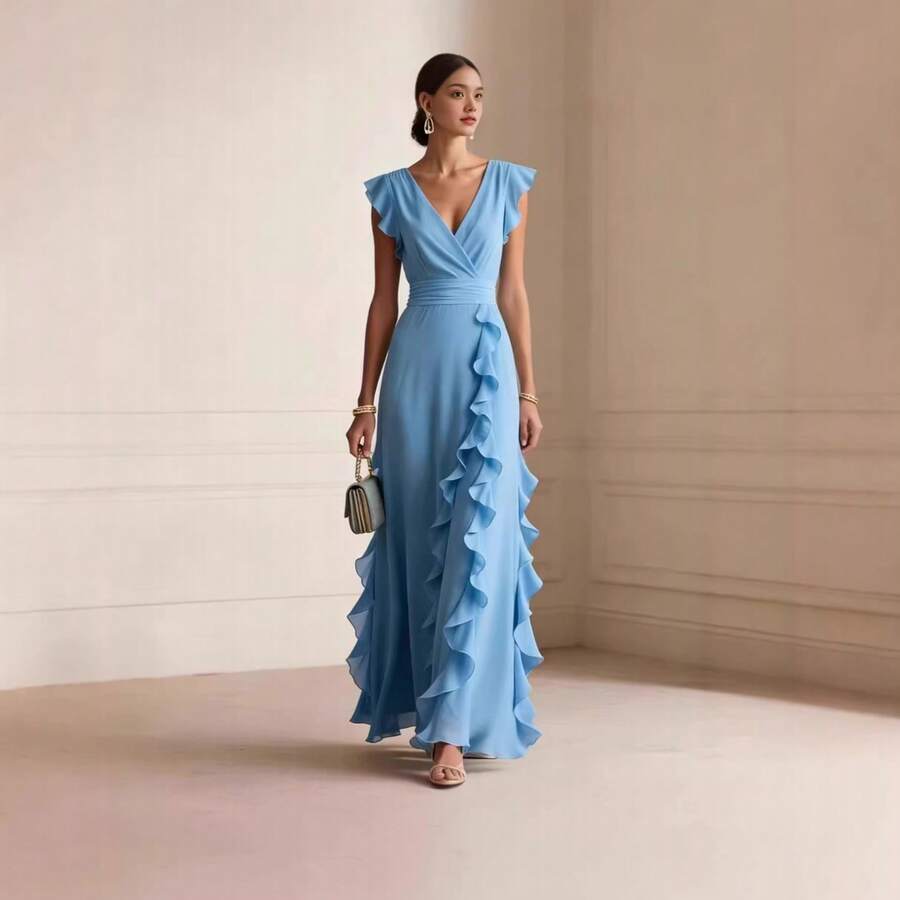 Margaux | Ruffle Detail Wrap V-Neck Maxi Dress