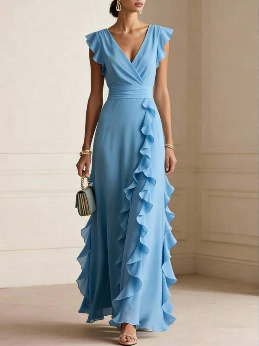 Margaux | Ruffle Detail Wrap V-Neck Maxi Dress