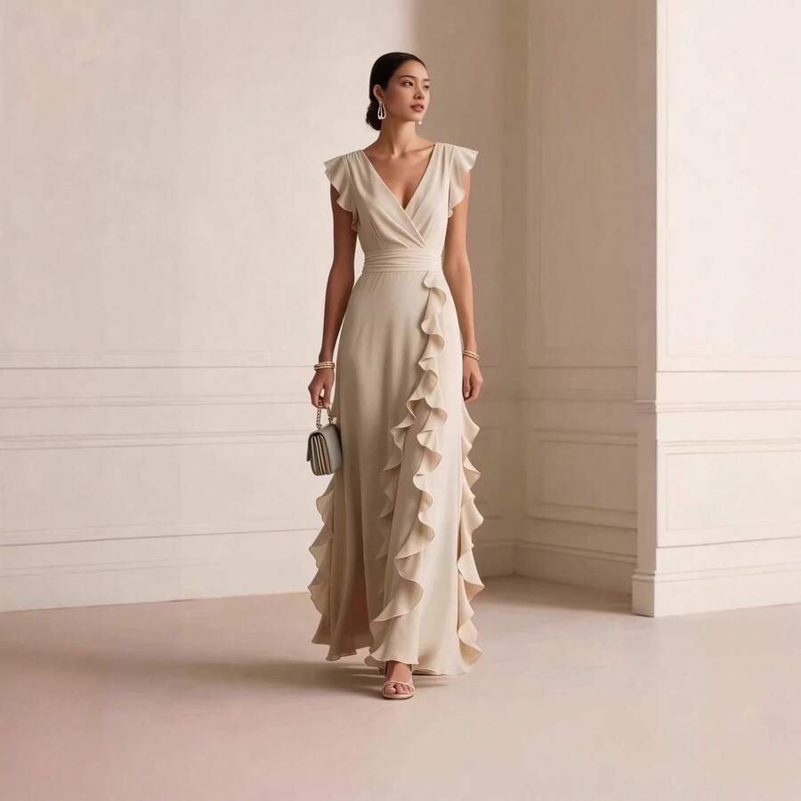 Margaux | Ruffle Detail Wrap V-Neck Maxi Dress