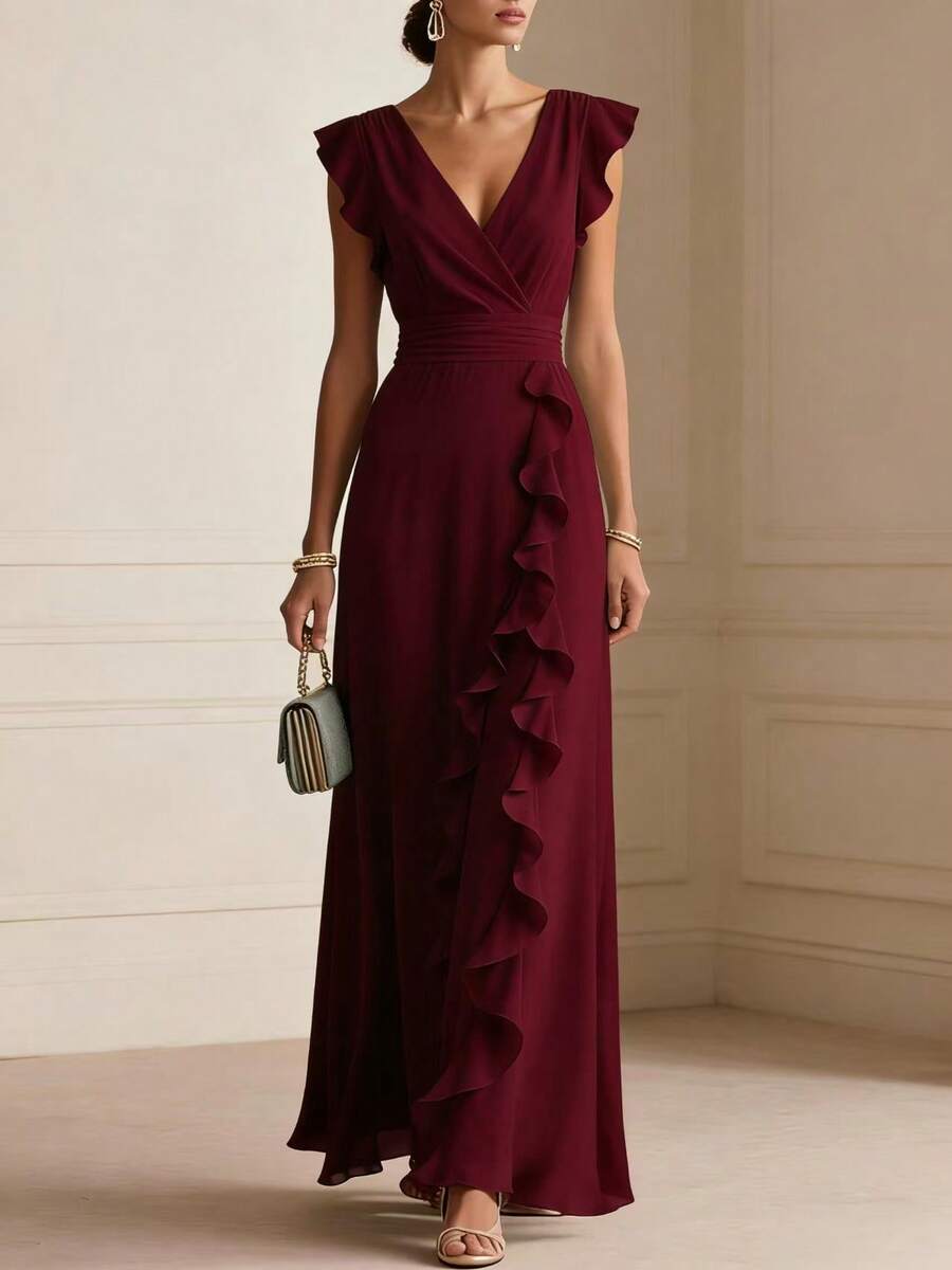 Margaux | Ruffle Detail Wrap V-Neck Maxi Dress