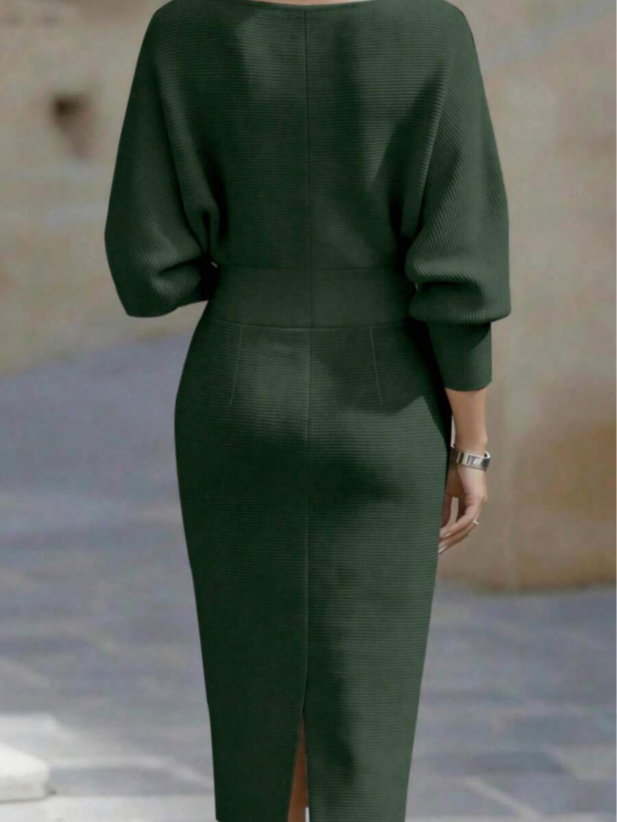 Noelle | Ribbed Knit Batwing Sleeve Midi Dress
