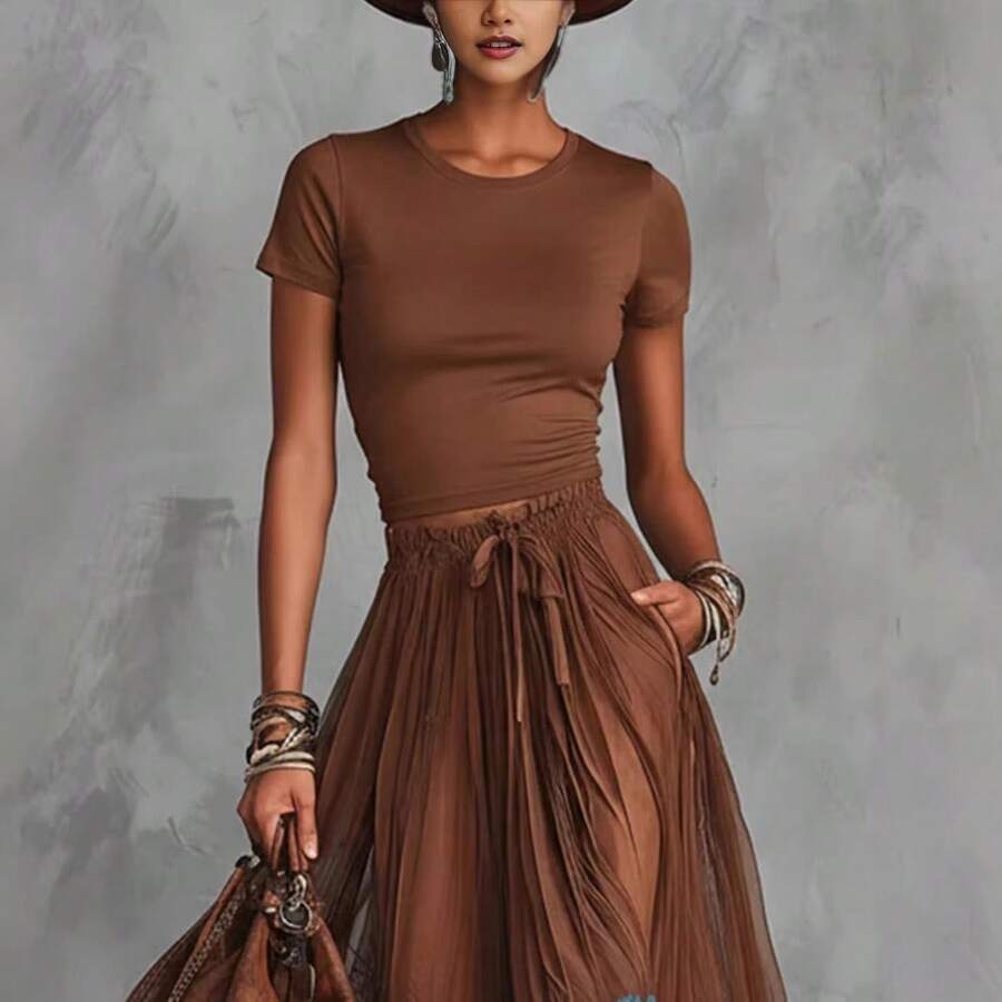 Elodie | V-Neck Top and Ruffle Hem Midi Skirt Set