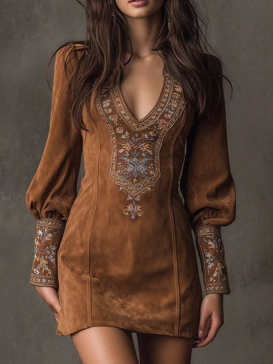 Marisol | Embroidered V-Neck Mini Dress with Statement Sleeves